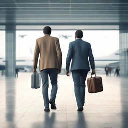 Generate a 3D, 4K, realistic image of two men walking towards an airport with their luggage, exuding an air of sadness.