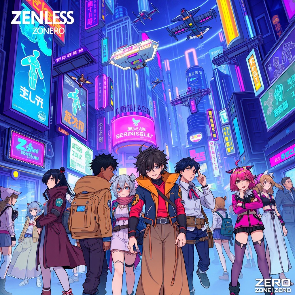 A beautifully detailed and vibrant illustration inspired by the game Zenless Zone Zero, featuring a futuristic cityscape filled with neon lights and high-tech elements