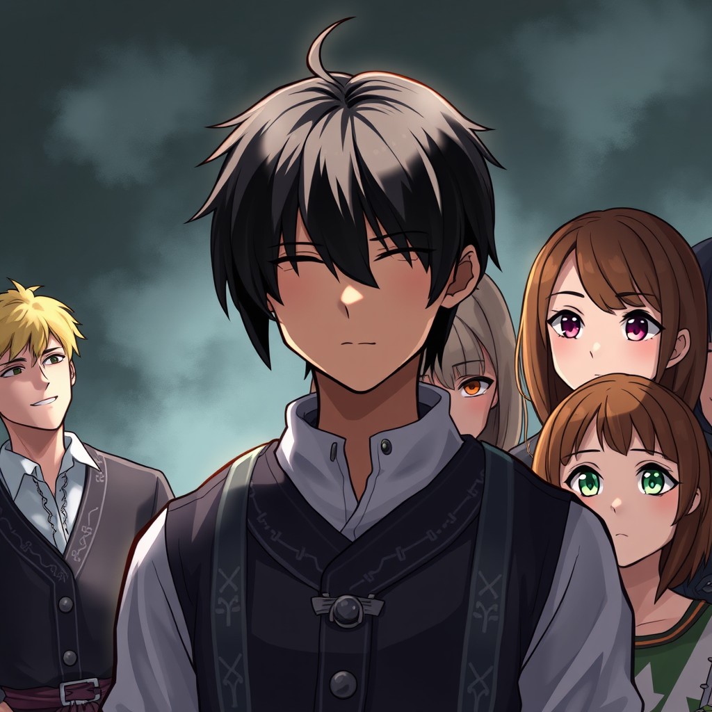 A dramatic scene featuring a central character with their upper face obscured by shadow, dressed in traditional Russian school clothing