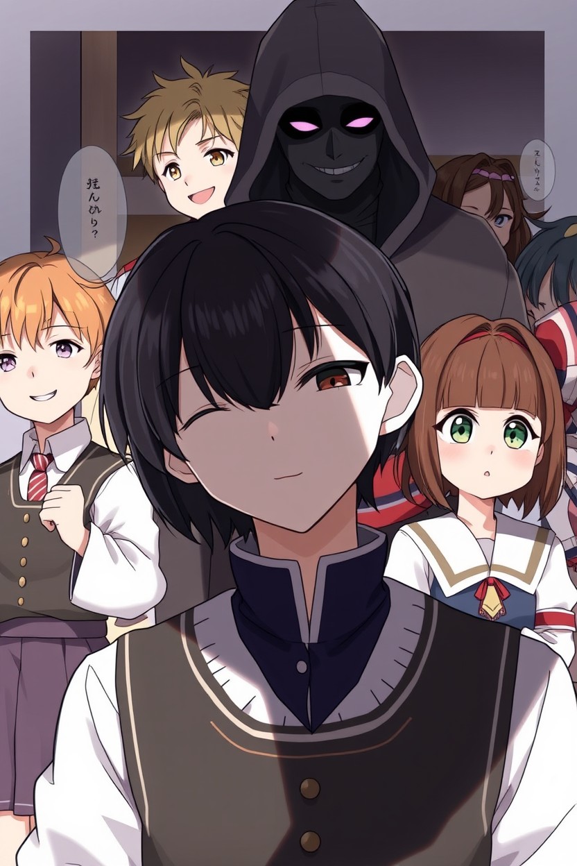 A detailed scene featuring a character in the foreground with their upper face shaded by a shadow, wearing traditional Russian school attire