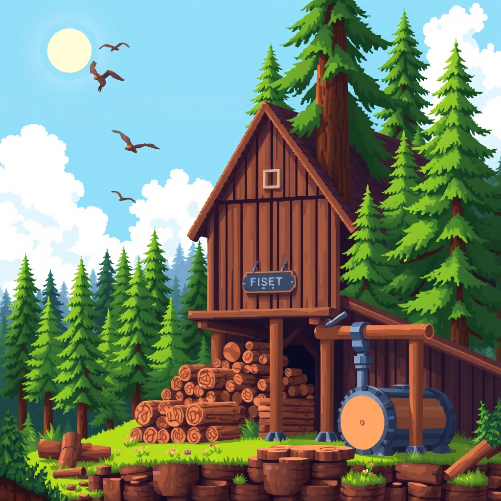 A pixel art scene of a lumber mill, featuring tall trees in a lush forest, a rustic wooden building with logs stacked outside, and a large sawmill machinery