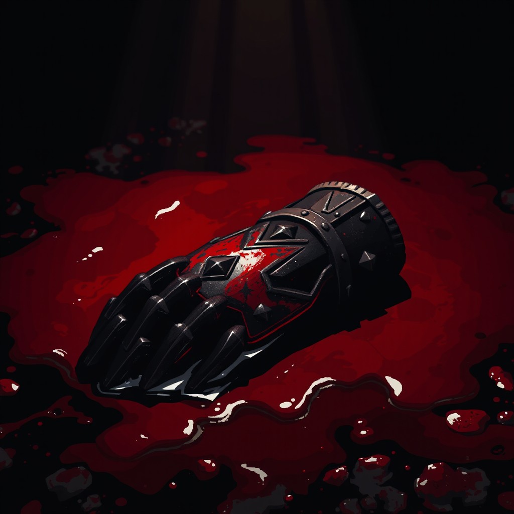 A pixel art macro shot of a knight's gauntlet lying limp in a pool of blood, set in a dark fantasy JRPG scene