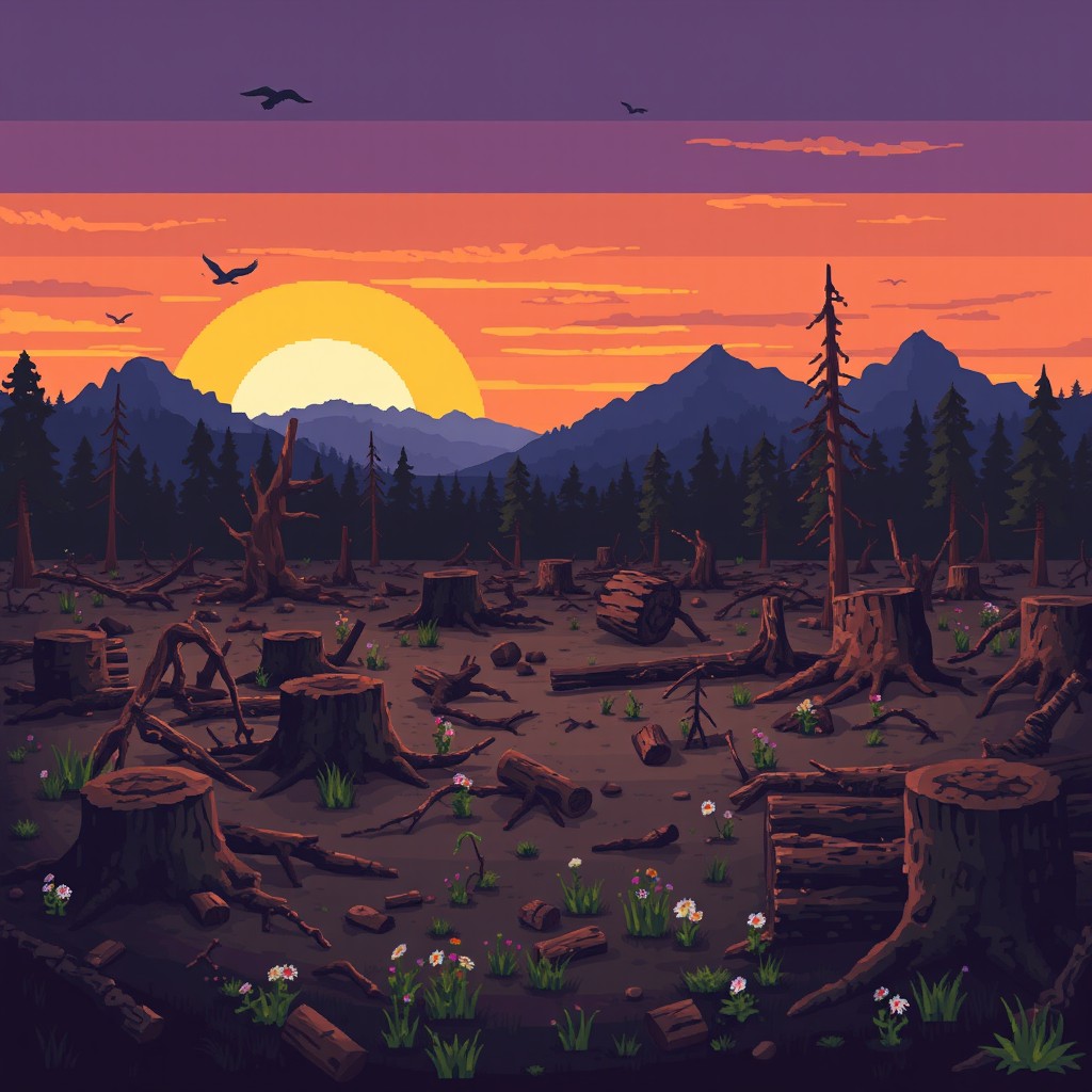 A hauntingly beautiful pixel art scene depicting a deforested area