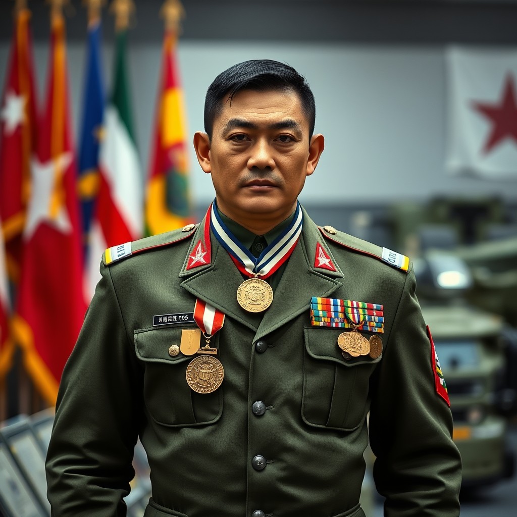 A soldier proudly displaying several medals from the Special Military Operation (СВО), wearing a distinct military uniform that reflects a modern and realistic style