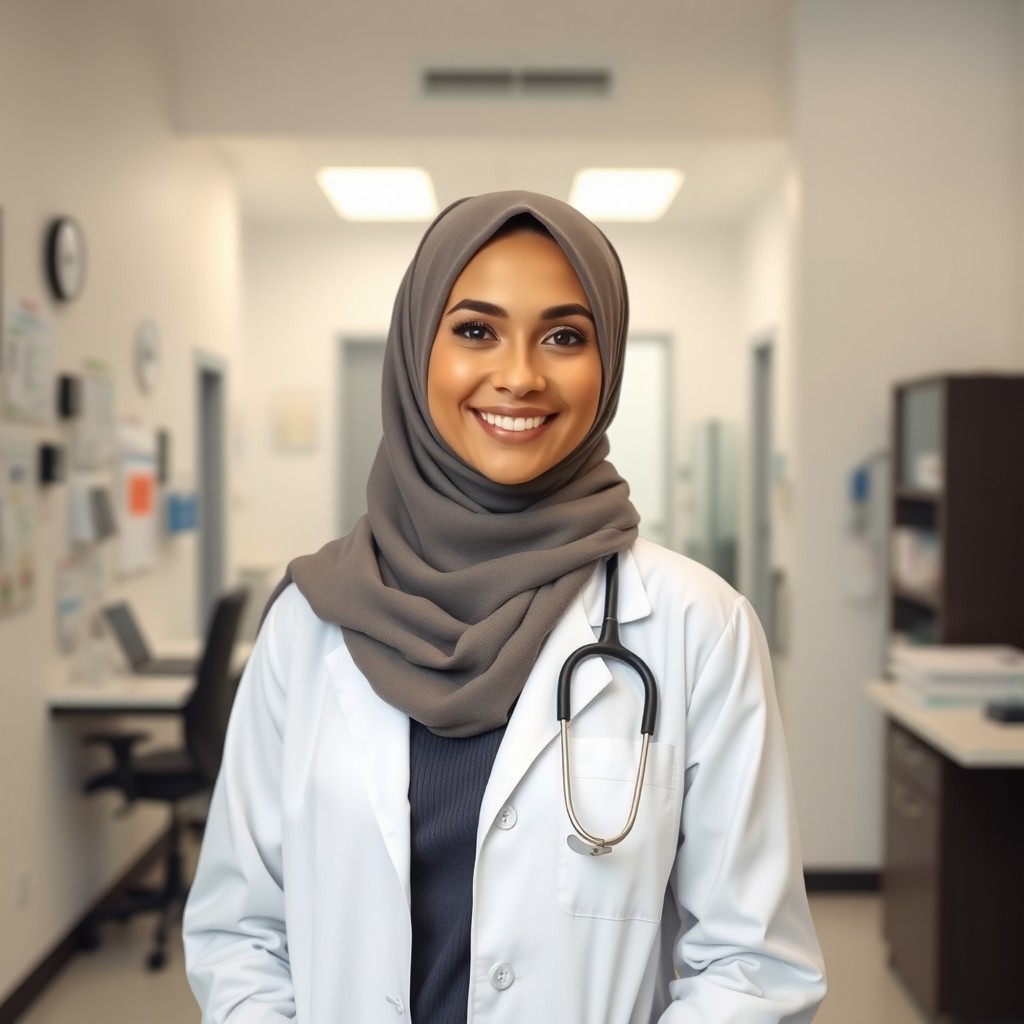 A beautiful, professional-looking female doctor wearing a hijab, standing in a well-lit, modern medical office