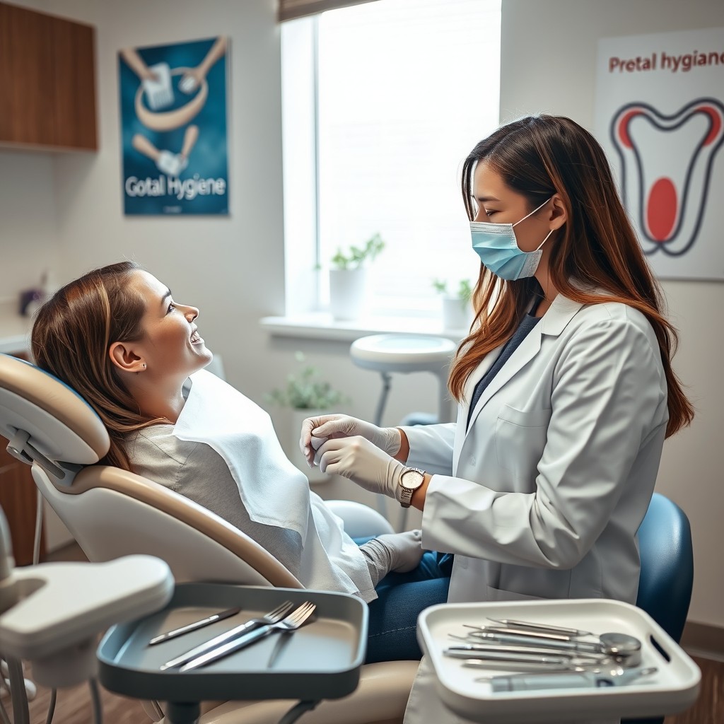 A professional dentist in a modern dental clinic, performing a dental check-up on a patient sitting in a dental chair