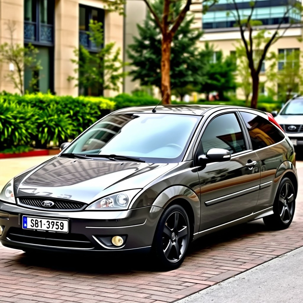 A 2005 gray Ford Focus car parked in an urban setting, featuring sleek black rims and tinted windows for a stylish look