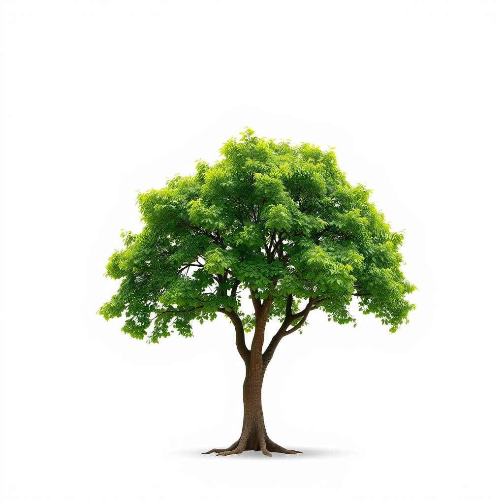 A single tree with lush green leaves standing majestically on a pure white background