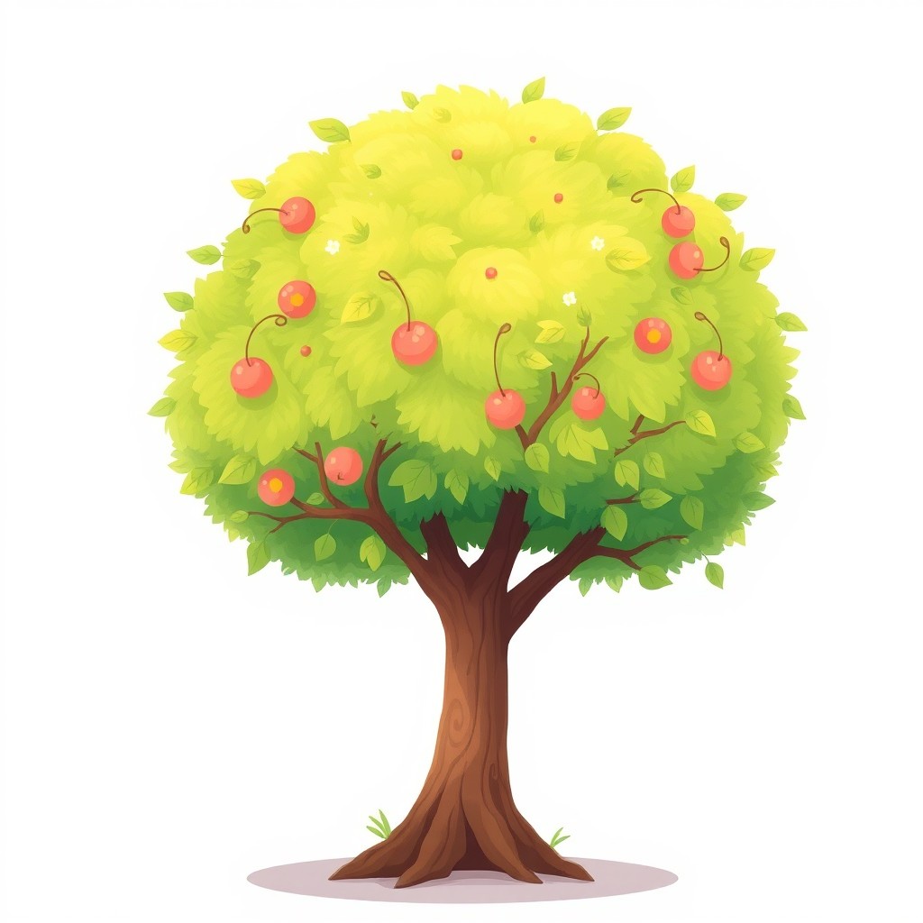 A cute and charming illustration of a single tree with a whimsical design, set against a clean white background