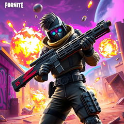 A vibrant digital artwork featuring a character from a popular battle royale game, with an imposing pose and colorful background filled with explosions and dynamic action elements