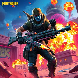 A vibrant digital artwork featuring a character from a popular battle royale game, with an imposing pose and colorful background filled with explosions and dynamic action elements