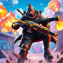 A vibrant digital artwork featuring a character from a popular battle royale game, with an imposing pose and colorful background filled with explosions and dynamic action elements