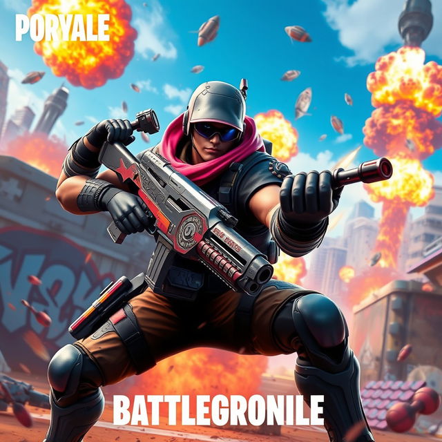 A vibrant digital artwork featuring a character from a popular battle royale game, with an imposing pose and colorful background filled with explosions and dynamic action elements