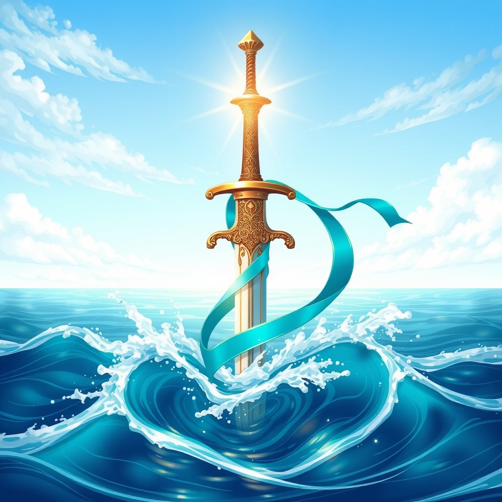 A stunning and creative illustration of a stylized, shimmering sword emerging from the ocean