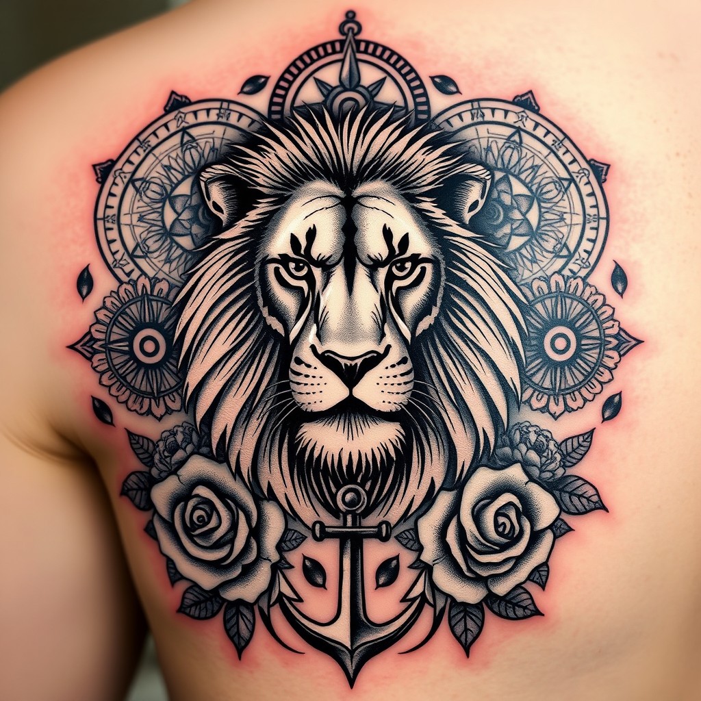 A tattoo design featuring a serious lion at the center, surrounded by intricate patterns including busulas (compasses), wind roses, mandalas, and Spartan warriors