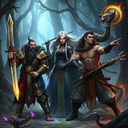 A fantasy art scene featuring five heroes: 1