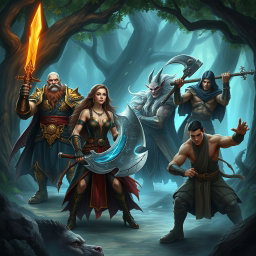 A fantasy art scene featuring five heroes: 1