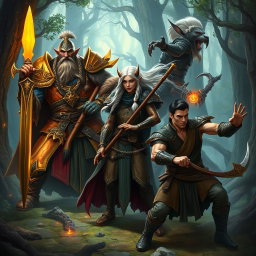 A fantasy art scene featuring five heroes: 1