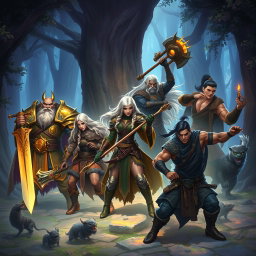 A fantasy art scene featuring five heroes: 1