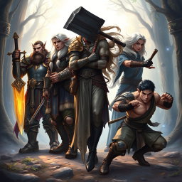 A fantasy art depicting five heroes from left to right: 1