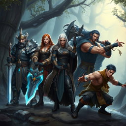 A fantasy art depicting five heroes from left to right: 1