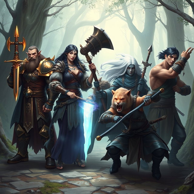 A fantasy art depicting five heroes from left to right: 1
