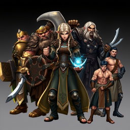 An epic fantasy artwork showcasing five heroes from left to right: 1