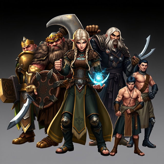 An epic fantasy artwork showcasing five heroes from left to right: 1