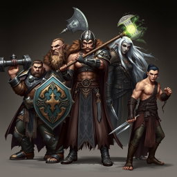 An epic fantasy artwork showcasing five heroes from left to right: 1