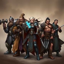 An epic fantasy artwork showcasing five heroes from left to right: 1