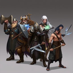 An epic fantasy artwork showcasing five heroes from left to right: 1