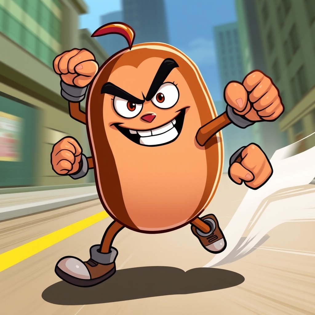 A dynamic and action-packed illustration of Killer Bean, the anthropomorphic coffee bean character from the animated film 'Killer Bean Forever'