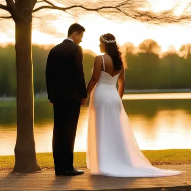 The romantic couple leaned against the stanchion at the park, enjoying the sunset together.