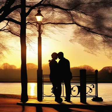 The romantic couple leaned against the stanchion at the park, enjoying the sunset together.