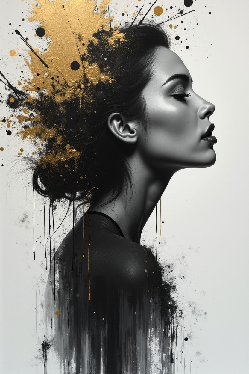 A stunning black and white portrait painting of a woman in side profile, with her face up and eyes gently closed