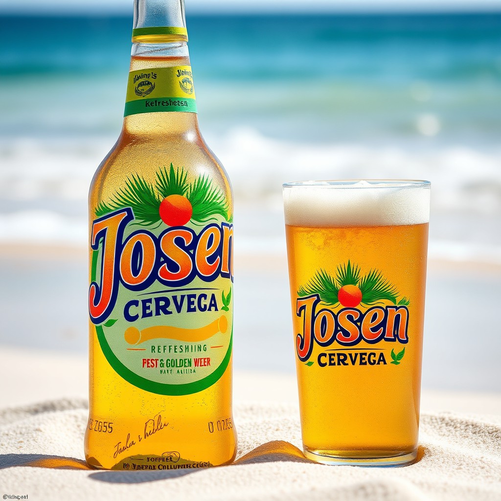 A beautifully designed beer bottle labeled 'Josean Cerveza,' featuring a vibrant, colorful design that highlights refreshing golden-yellow beer