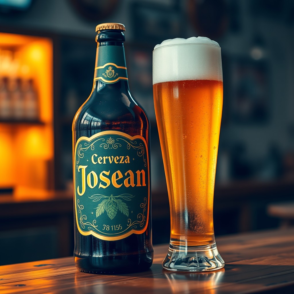 An elegant beer bottle labeled 'Cerveza Josean,' beautifully designed with a classic and sophisticated look