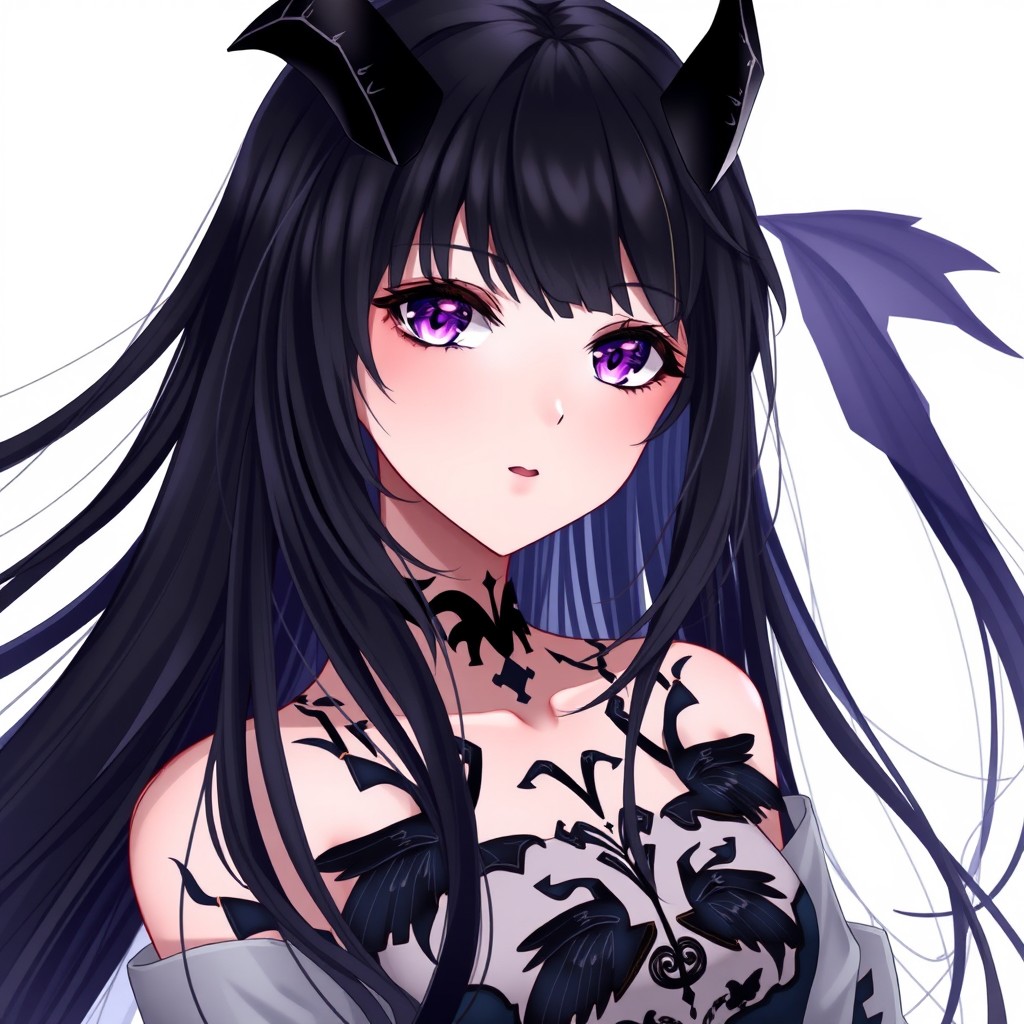 Anime girl with long flowing black hair, mesmerizing purple eyes featuring demon slit pupils, exuding an enchanting and elegant aura of a noblewoman