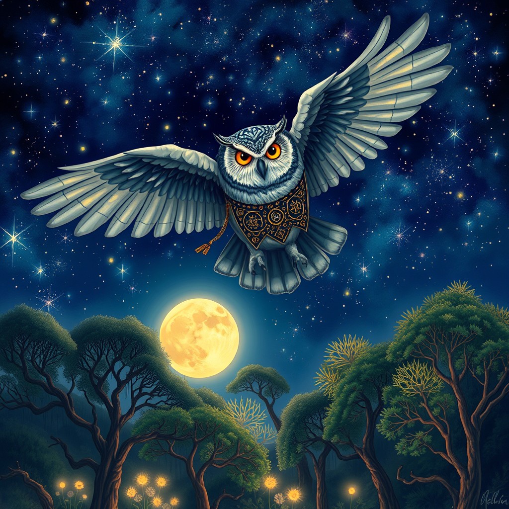 A majestic Owlin soaring through a vibrant starry night sky, with large feathered wings and an expressive face