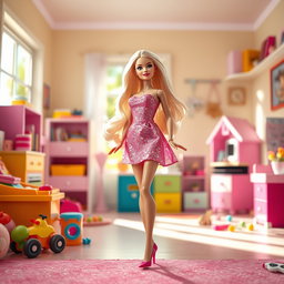 A vibrant and playful scene featuring a stylish Barbie doll with long flowing blonde hair, wearing a sparkling pink dress and high heels