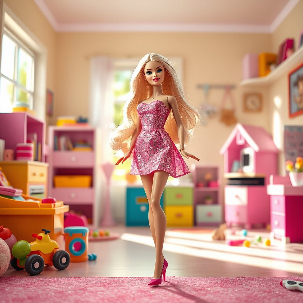 A vibrant and playful scene featuring a stylish Barbie doll with long flowing blonde hair, wearing a sparkling pink dress and high heels