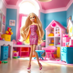A vibrant and playful scene featuring a stylish Barbie doll with long flowing blonde hair, wearing a sparkling pink dress and high heels