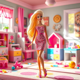 A vibrant and playful scene featuring a stylish Barbie doll with long flowing blonde hair, wearing a sparkling pink dress and high heels