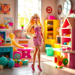 A vibrant and playful scene featuring a stylish Barbie doll with long flowing blonde hair, wearing a sparkling pink dress and high heels