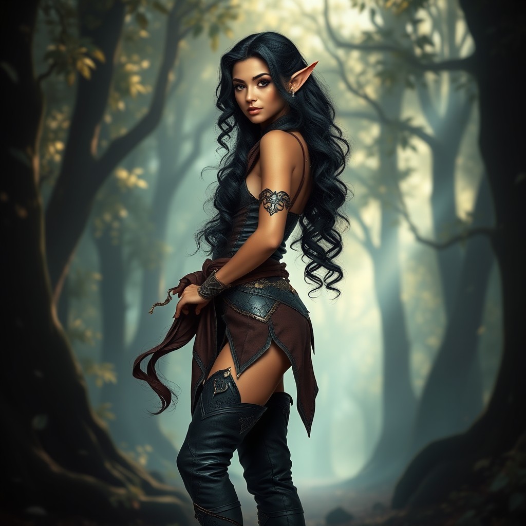 A stunning elf woman with elegant features, wearing stylish knee-high boots