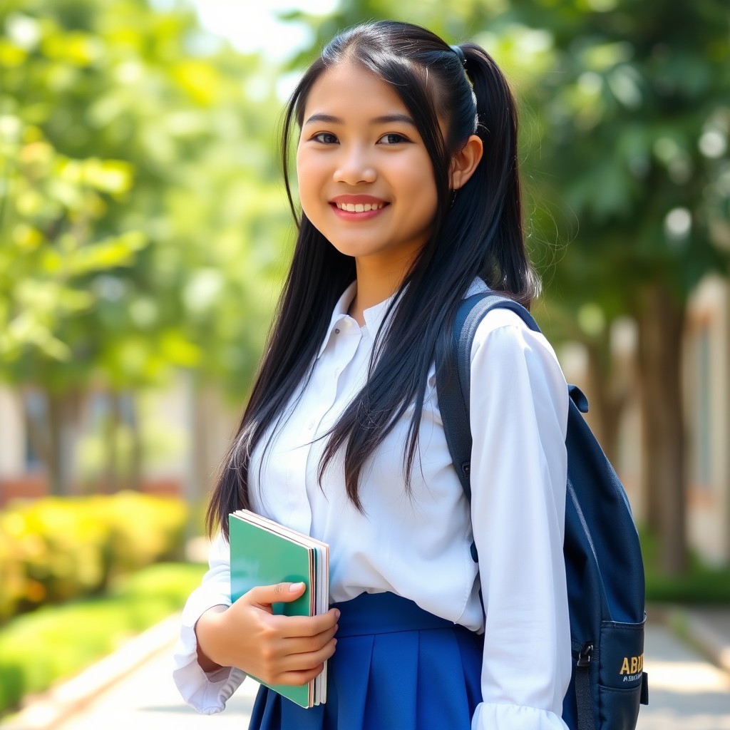 A portrait of an Indonesian high school girl, dressed in a traditional school uniform with a white blouse and a blue skirt