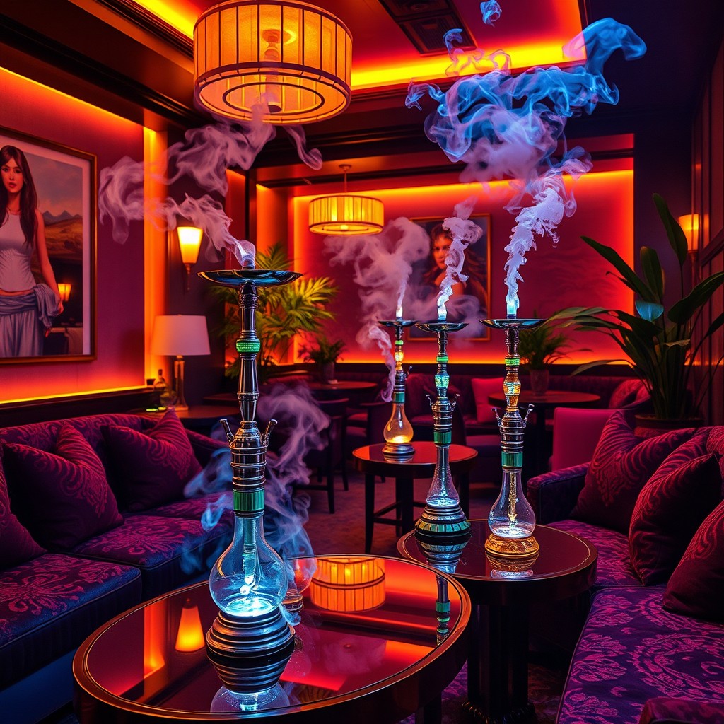 A luxurious hookah lounge scene with beautifully designed hookahs on stylish tables, smoke gently swirling in the air, and vibrant colors creating a modern yet cozy atmosphere