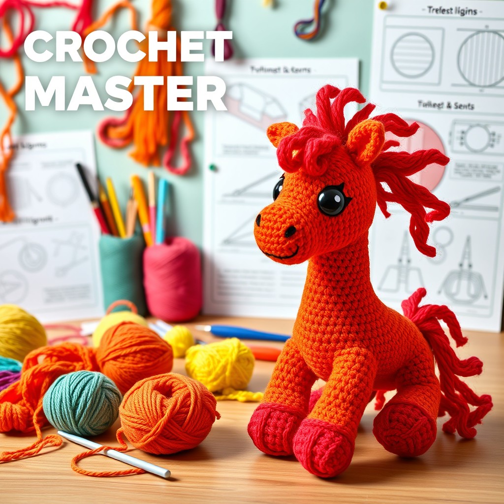A vibrant and eye-catching crochet masterclass featuring a brightly colored fire horse plush toy