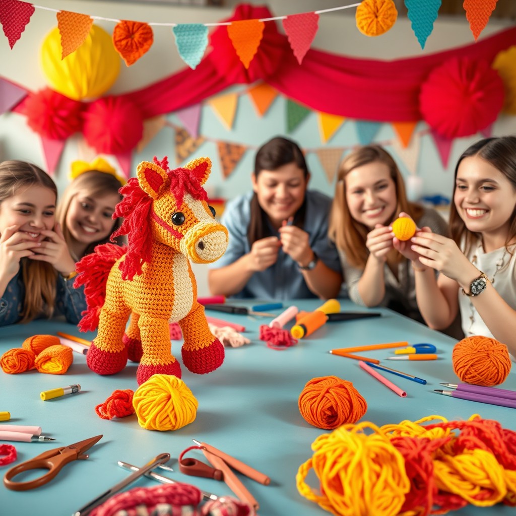 A vibrant and eye-catching crochet workshop scene, showcasing the crafting of a fiery toy horse, named 'Fire Horse'