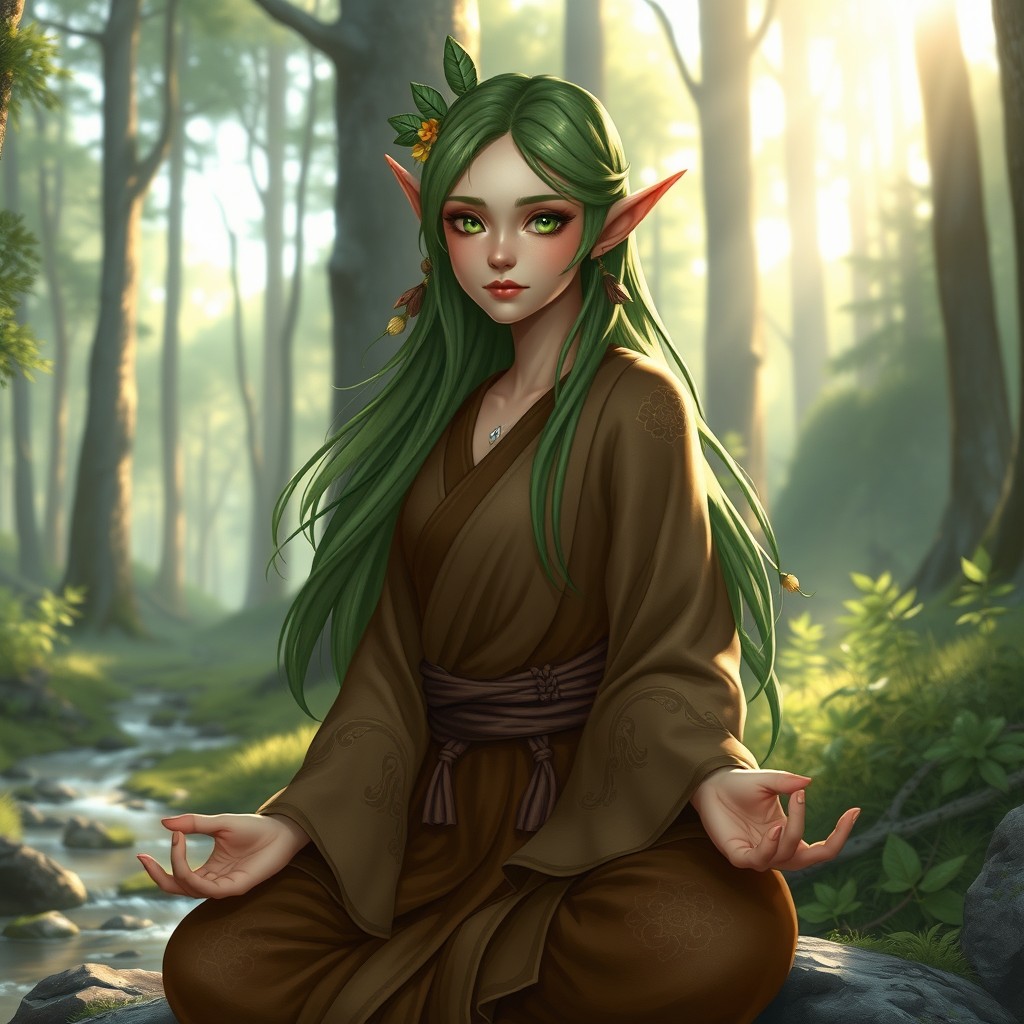A female wood elf monk in a serene forest setting, gracefully posed in a meditative state